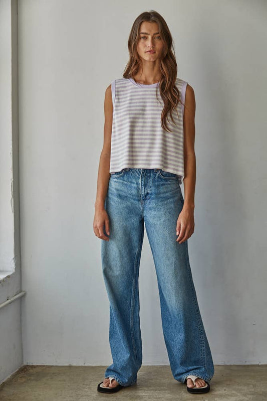 Knit Cotton Spandex Striped Ribbed Sleeveless Top