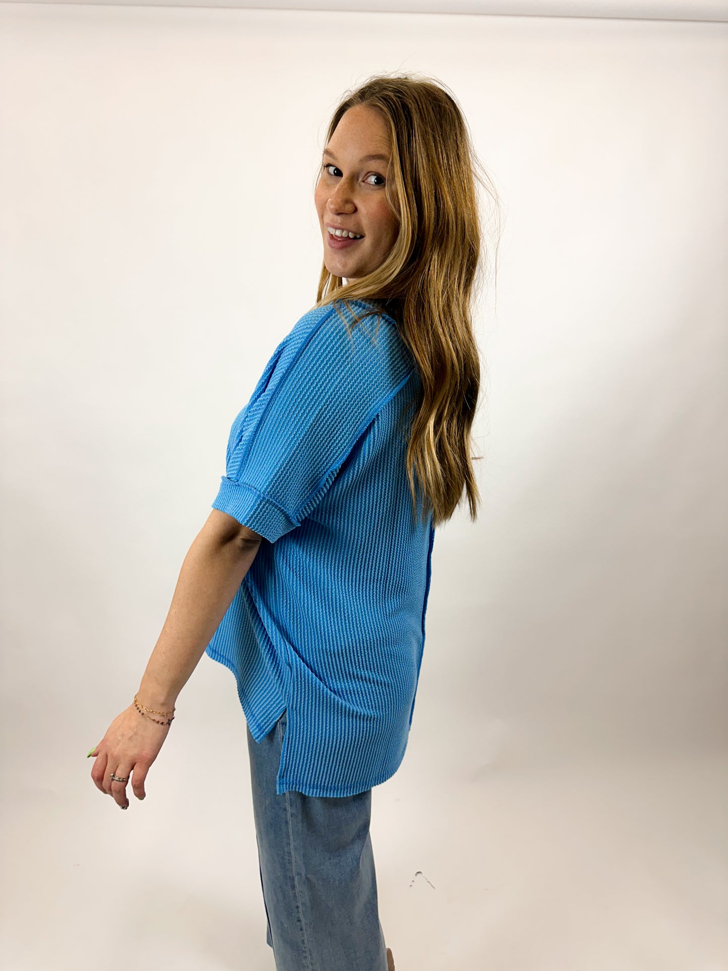 Women's textured spring blue top