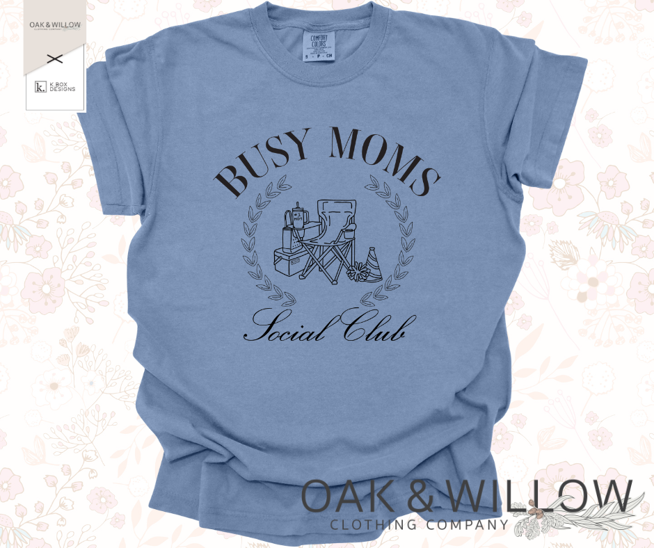 The perfect blue comfort colors tee for the Mother who is always juggling sports practice and busy kid schedules! Busy Mom? Join the Club!