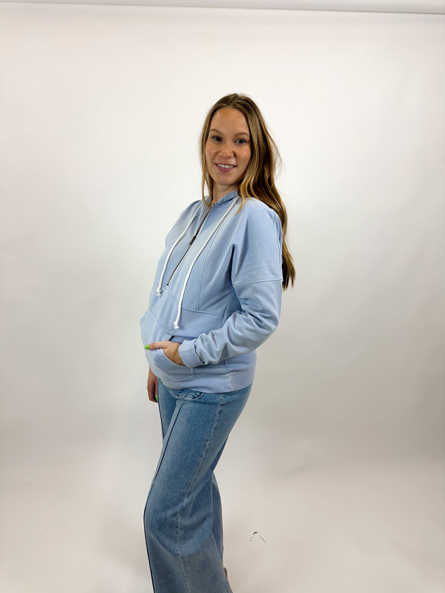 Women's light blue zip-up sweatshirt. Perfect for those sunny yet chilly days this Spring!