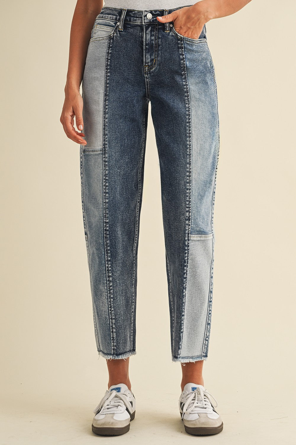 Patchwork Slim Barrel Jean