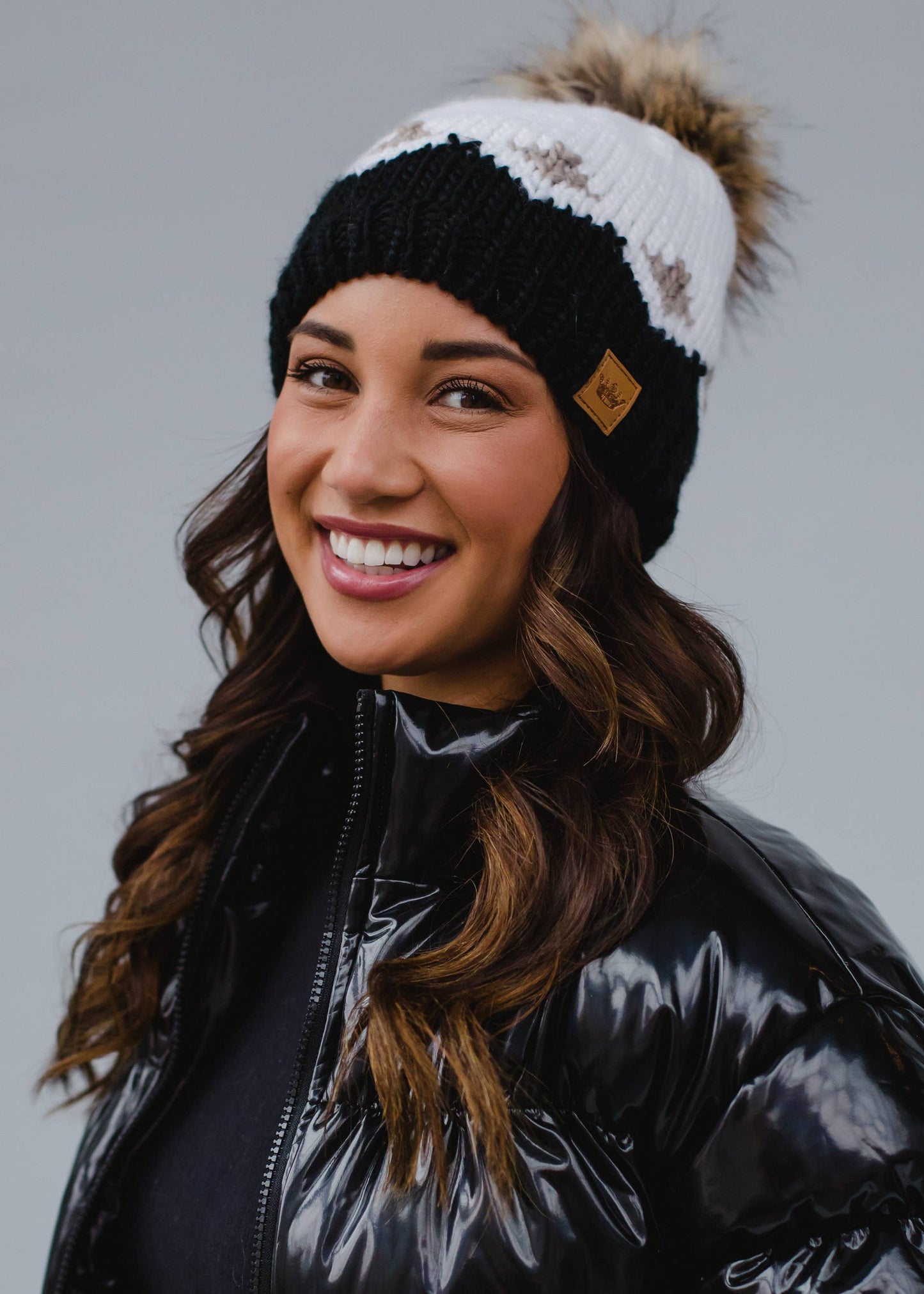 White, Tan & Black Patterned Pom Hat