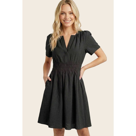 Y SPLIT ELASTIC WASIST SOLID DRESS