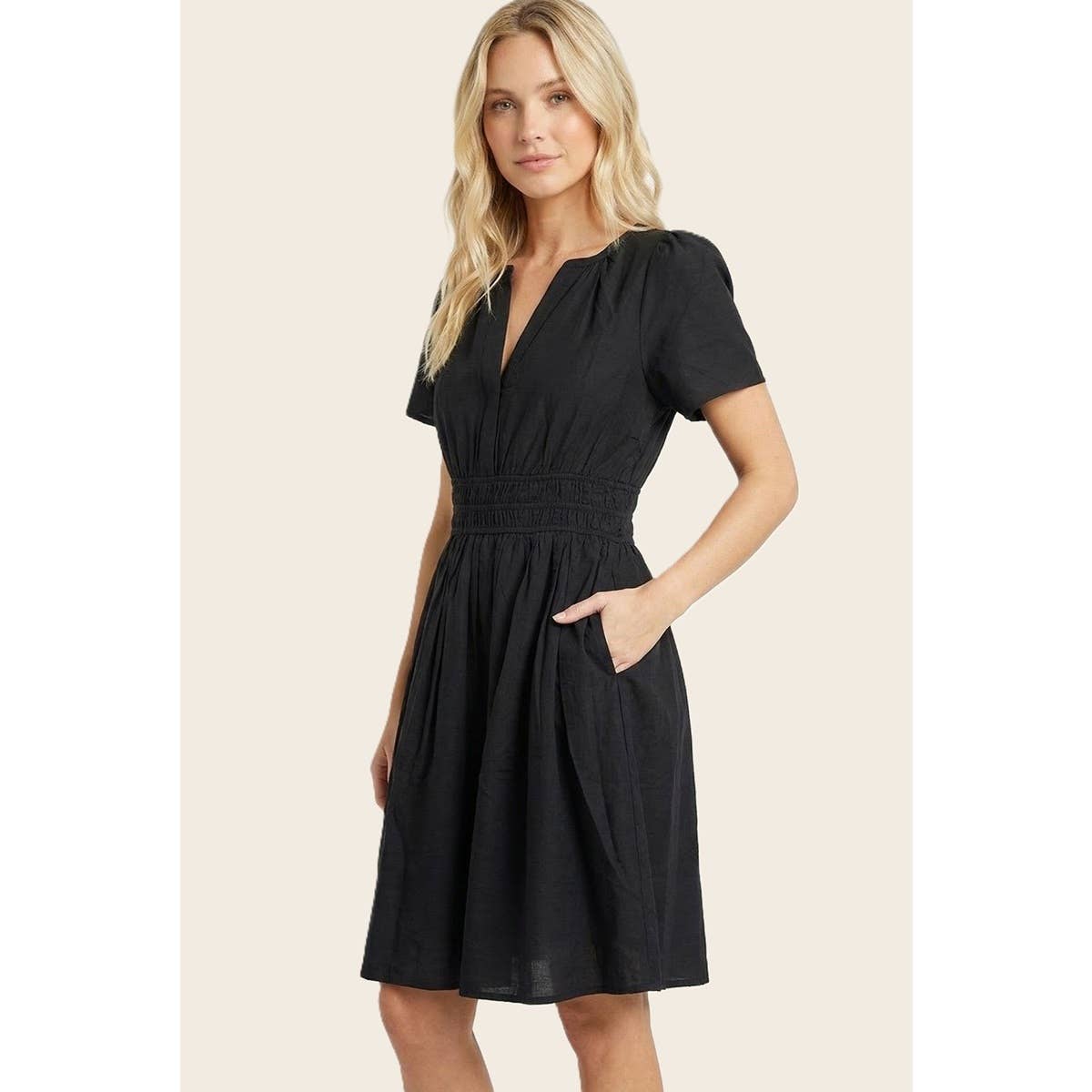 Y SPLIT ELASTIC WASIST SOLID DRESS