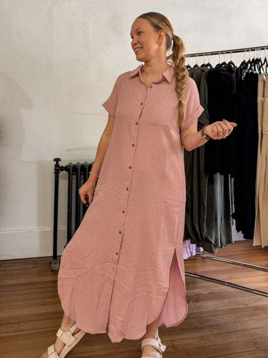 BUTTON UP MAXI SHIRT DRESS WITH POCKET