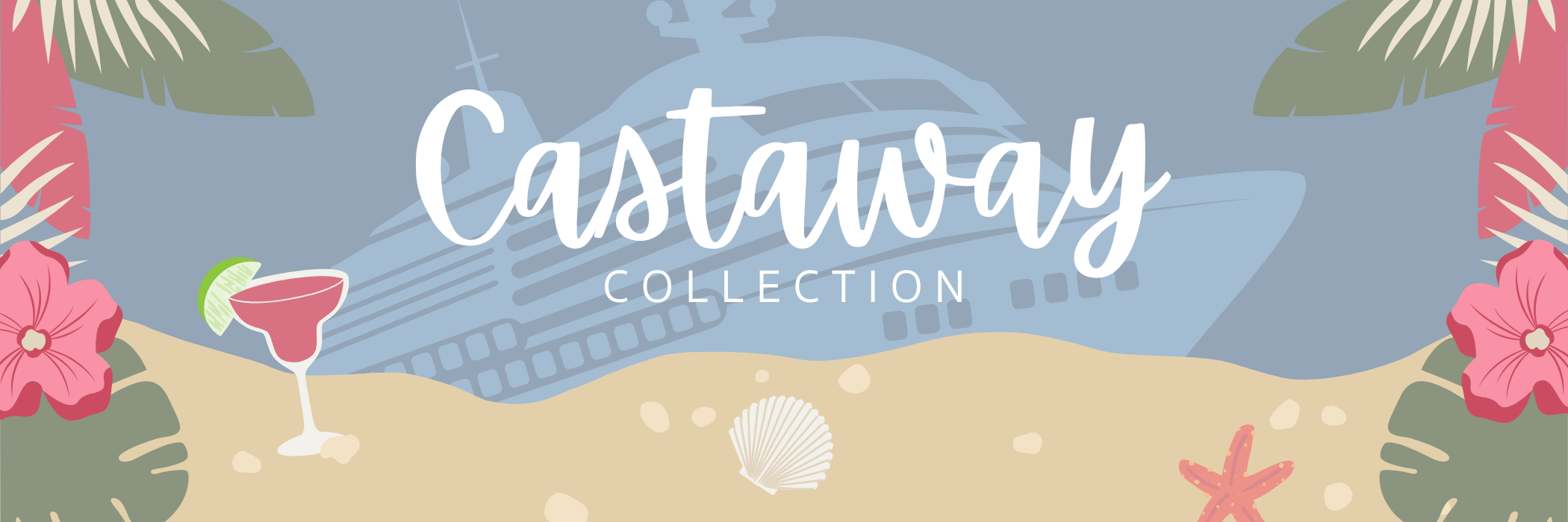 Castaway vacation clothing collection banner graphic with a castaway beach scene