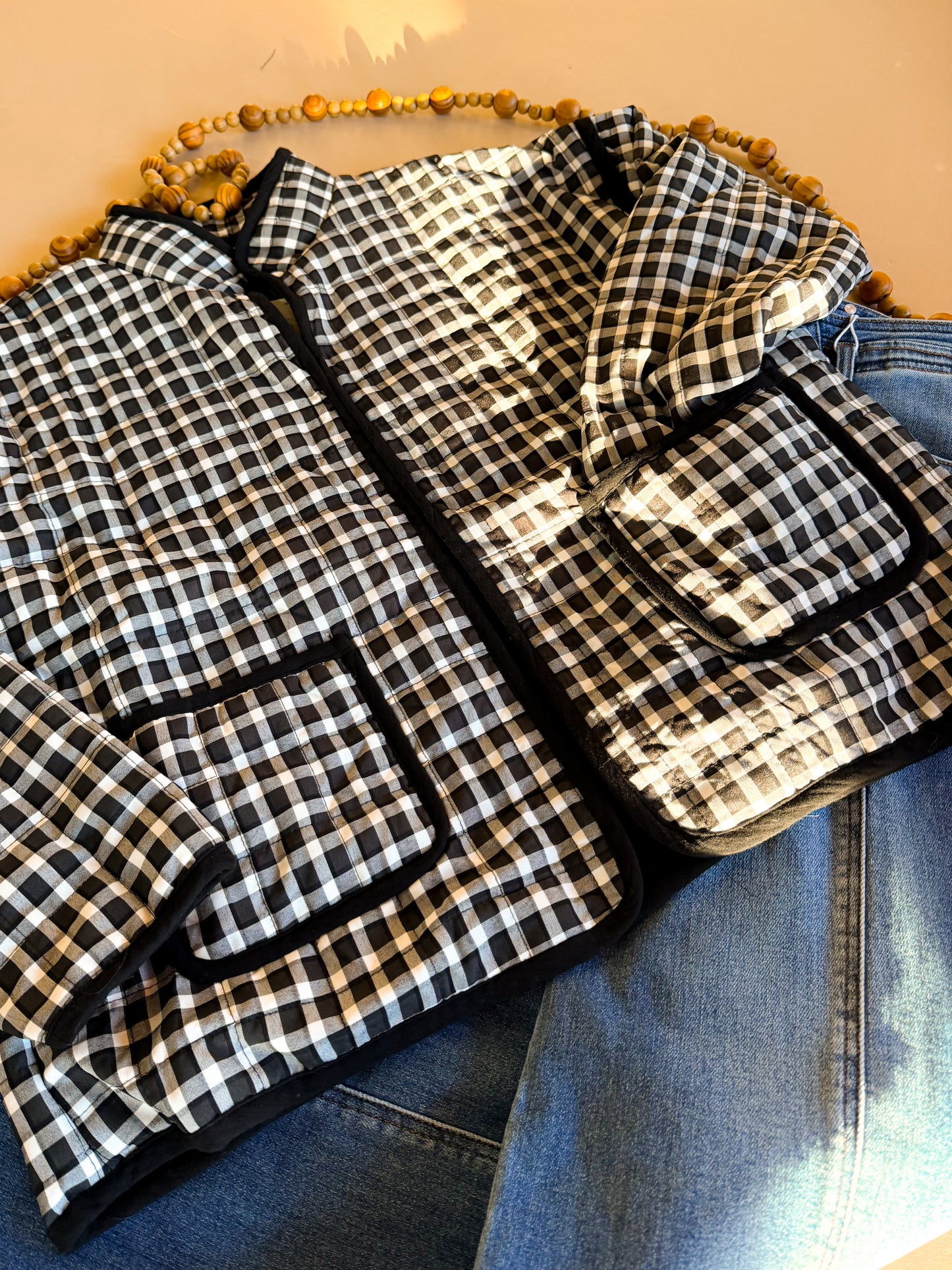 Cotton Gingham Stand Collar Long Sleeve Padded Coat