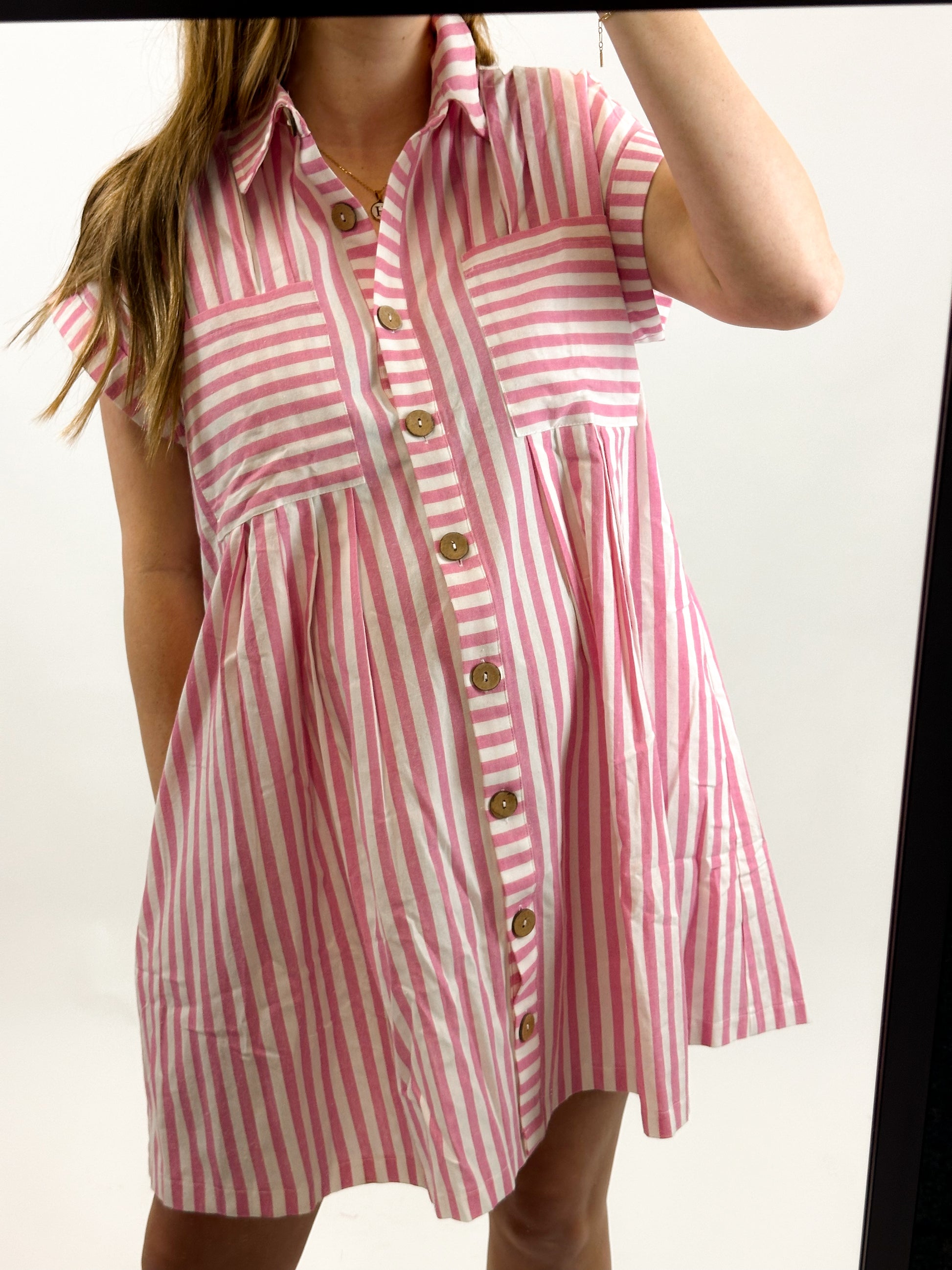 The perfectly pink, button down, above the knee Easter dress!