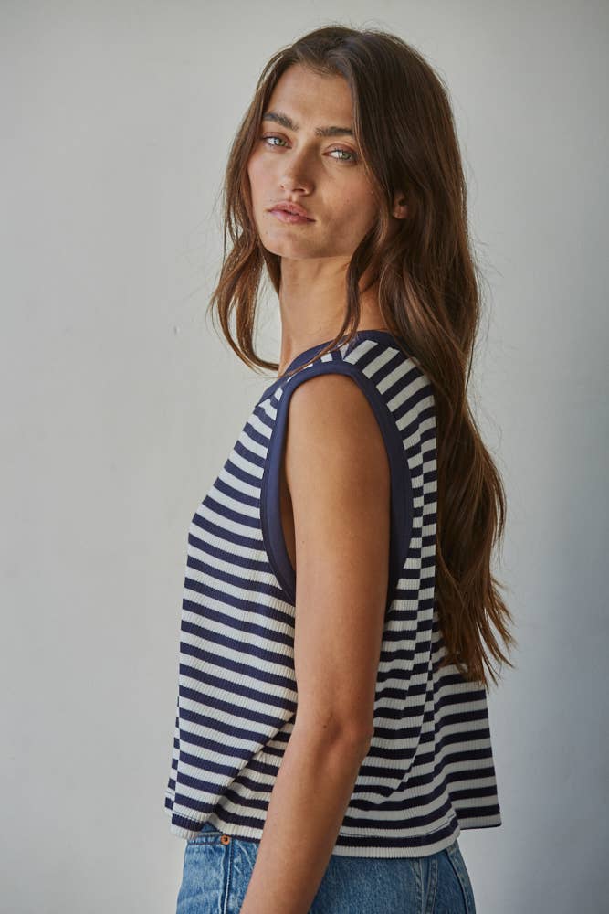 Knit Cotton Spandex Striped Ribbed Sleeveless Top