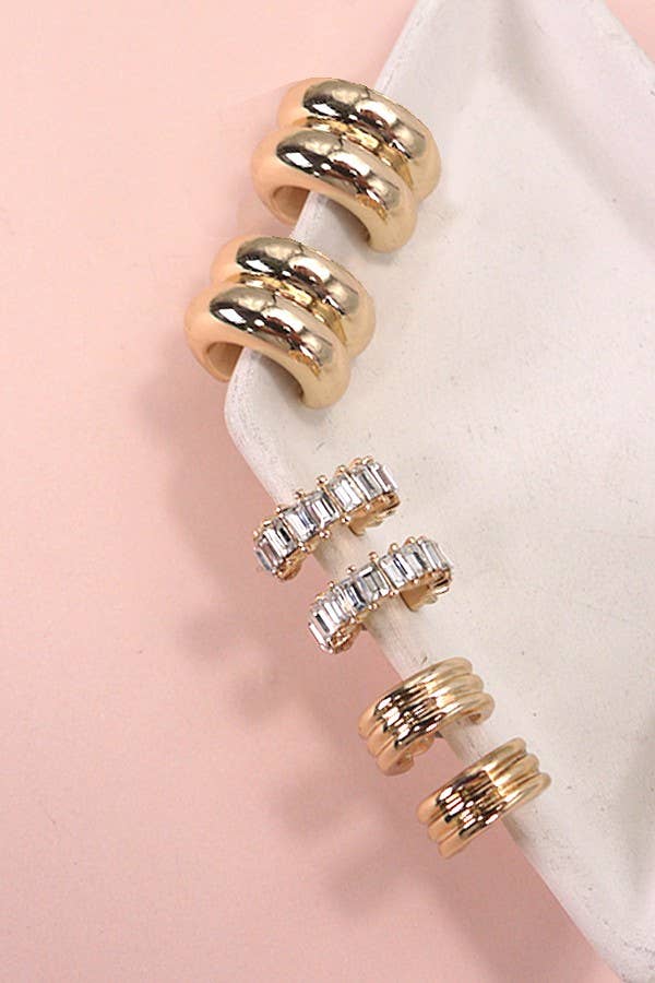 STONE  HOOP HUGGIE TRIO EARRINGS