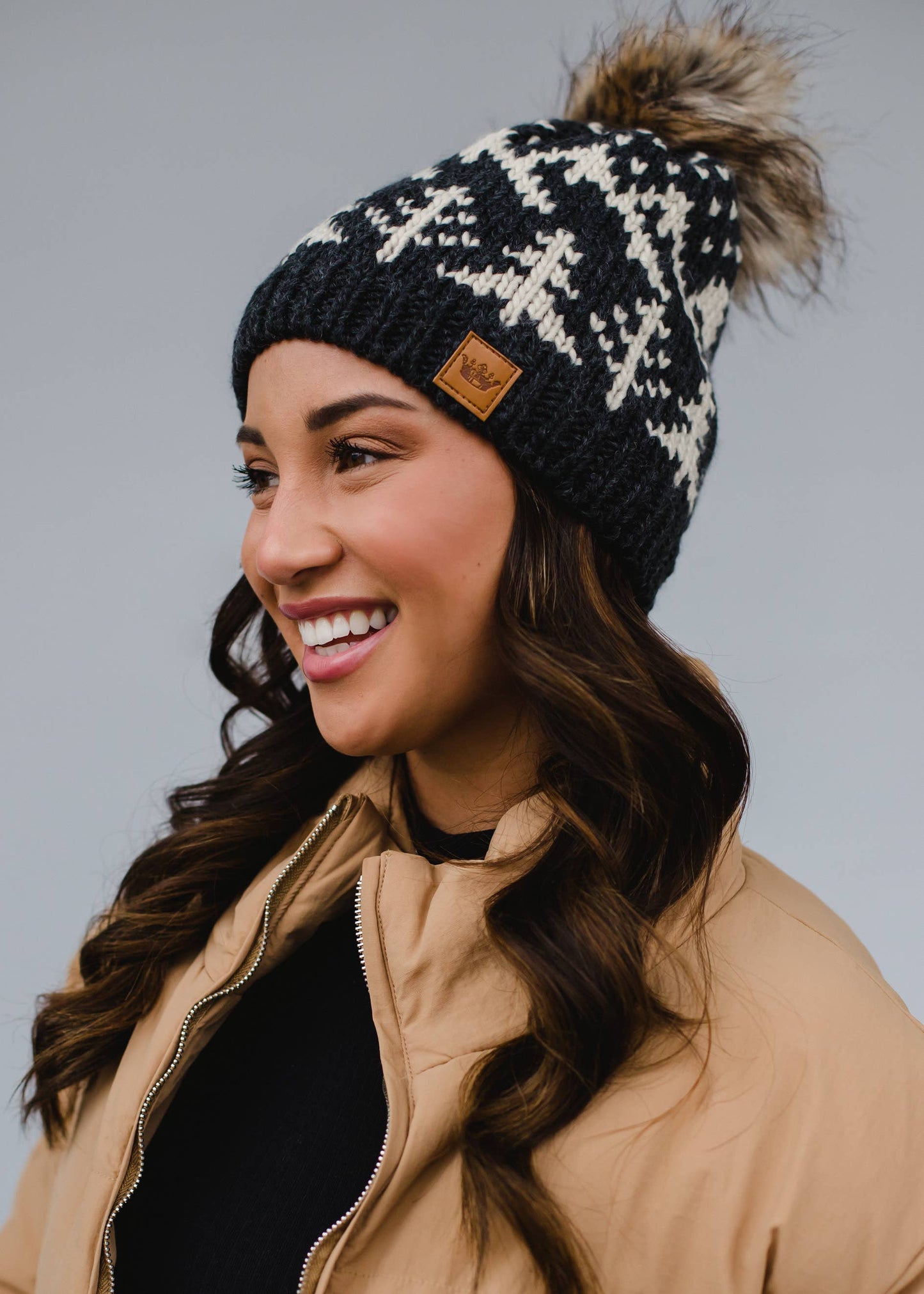 Dark Grey w/ Beige Winter Pattern Pom Hat